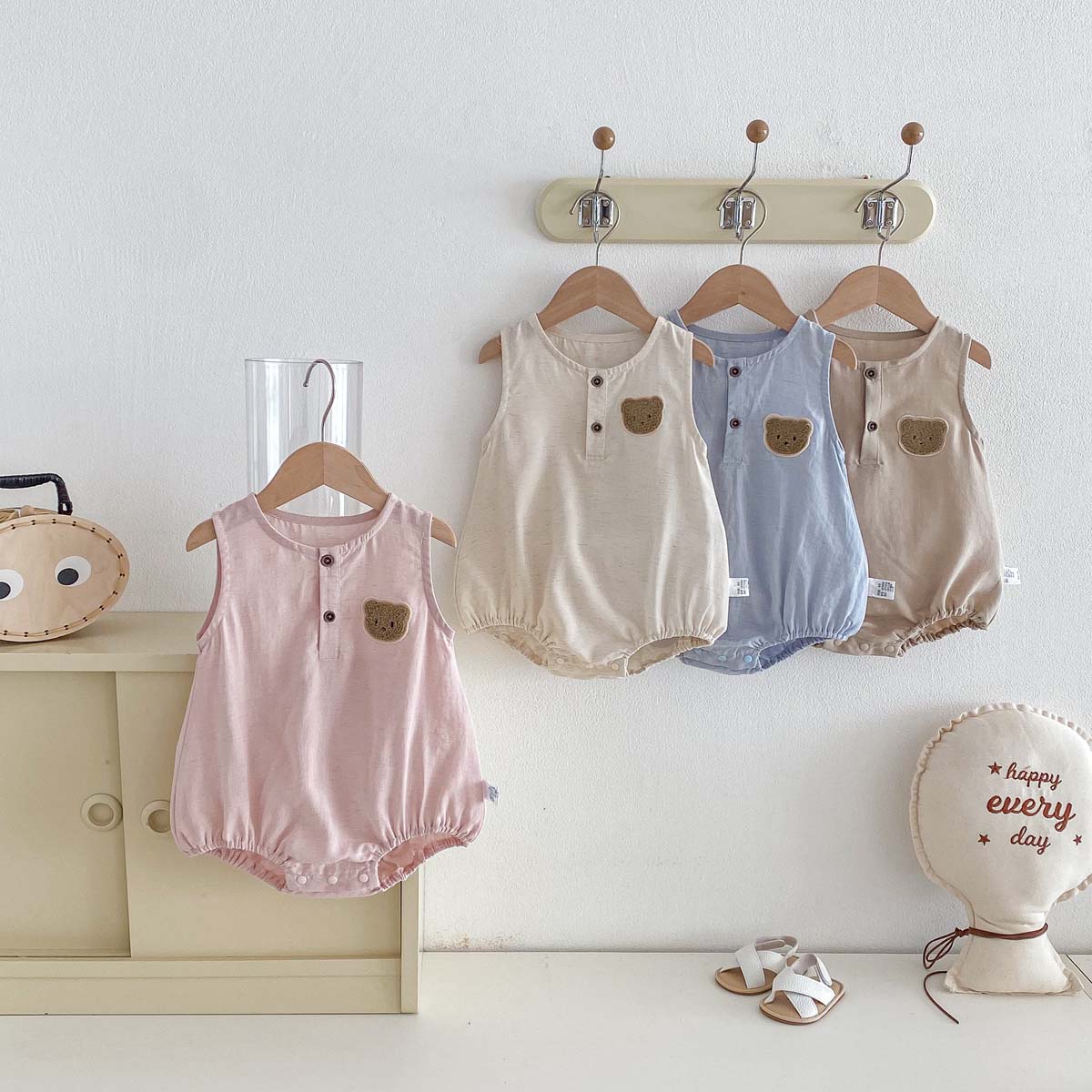 Baby Summer Linen Sleeveless Jumpsuit - Letni cienki kombinezon bez rękawów dla