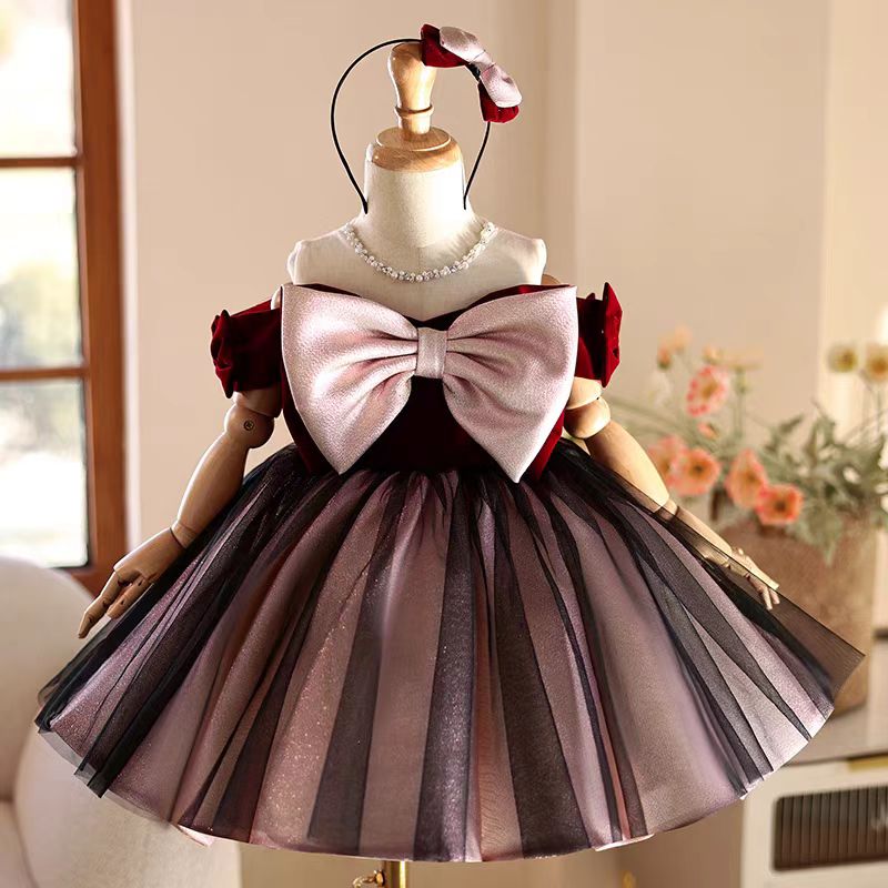 Toddler Girl Tulle Party Dress - Jill Wish J464 Elegancka bordowa sukienka