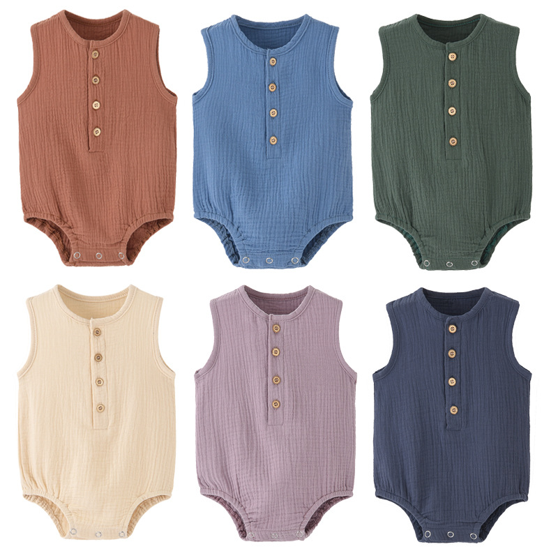 Baby Summer Linen Sleeveless Jumpsuit - Letnie, gładkie body dla noworodków, wykonane